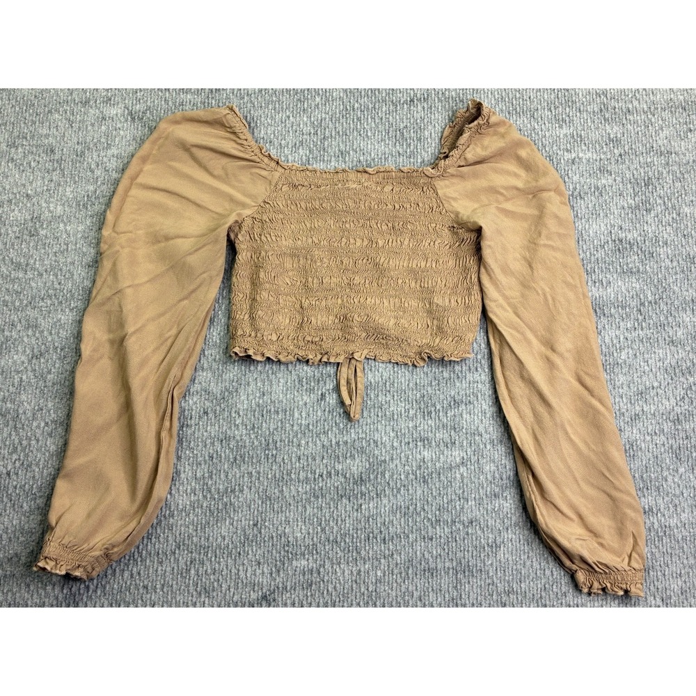 Japna Women's S Tan Smocked Ruched Crop Top Long Puff Sleeve Cottagecore Boho - Picture 5 of 5